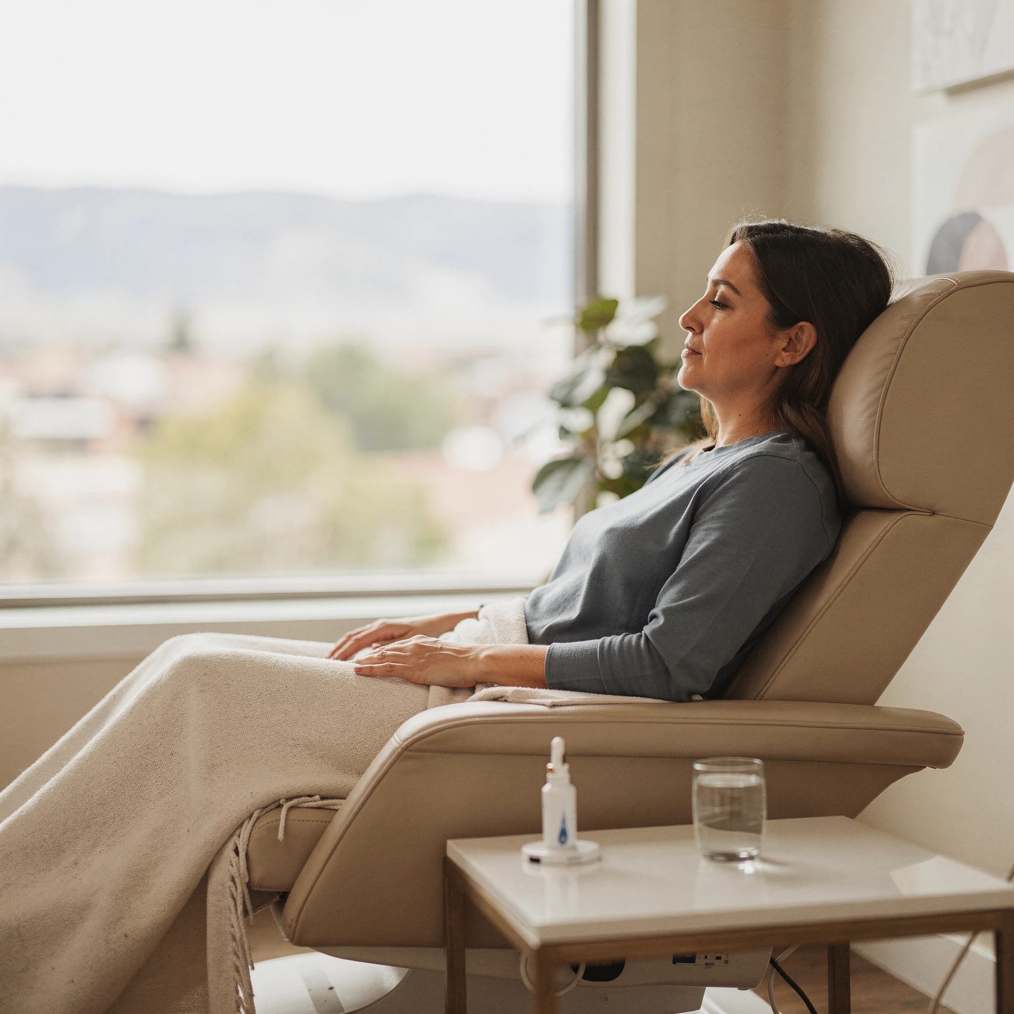 Patient resting in a comfortable chair during Spravato treatment at Myndful Wellness in Grand Junction, CO, with mountain views visible through the window